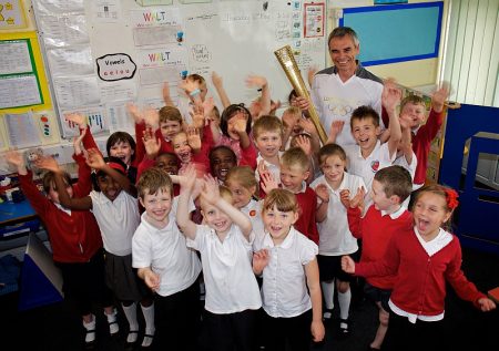 Olympic torchbearer Malcolm Carr at Filton Hill Primary School.