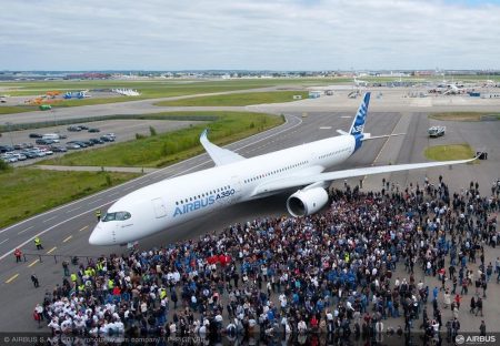 An A350 XWB shows off its new Airbus livery.