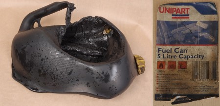 Petrol can used in Kipling Road suspected arson attack (Filton, Bristol).