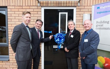 Official opening of Knightstone Housing Association's new homes at Rectory Lane, Filton. L-r: Cllr Ben Stokes (South Gloucestershire Council), Jack Lopresti (MP for Filton and Bradley Stoke), Nick Medhurst (chair of the board at Knightstone) and Steve Roberts (contracts manager at Speller Metcalfe).