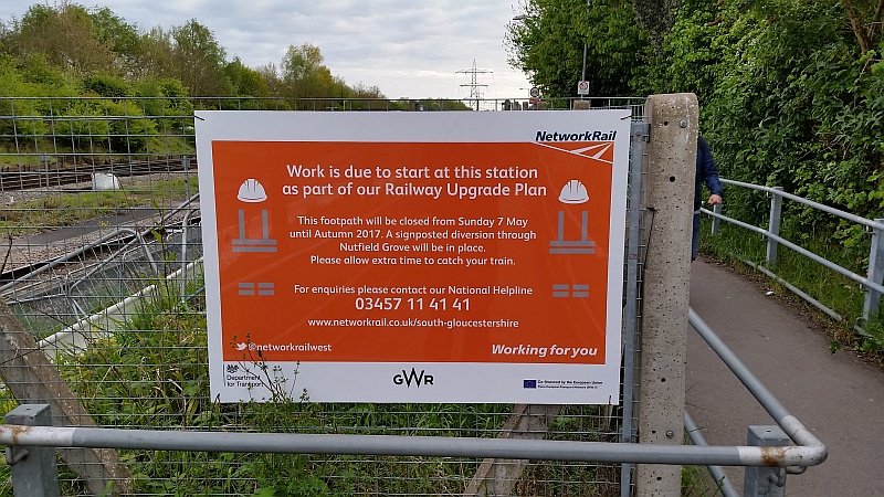Sign warning of footpath closure at Filton Abbey Wood Station.