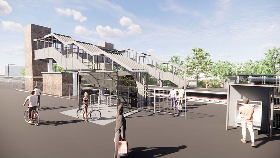 Artist's impression of a proposed railway station with footbridge.